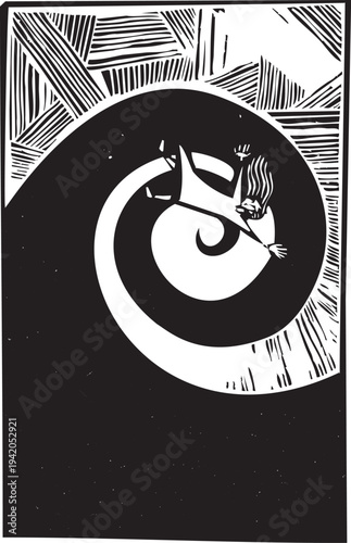 Woodcut style image of a woman falling from a great height into a spiral