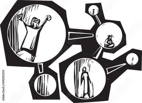Woodcut style image of people connected together like a molecule chain