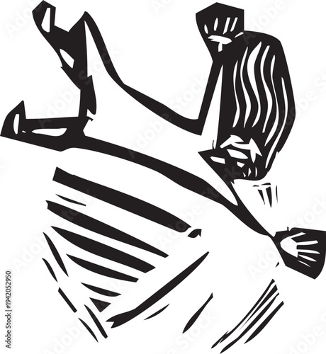 Woodcut style image of a woman falling from a great height