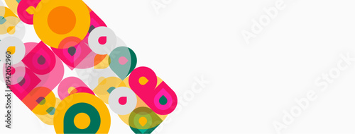 Colorful overlapping circles, squares create abstract pattern. Bright hues dominate white background. Modern design element.