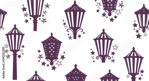 Set of 9 purple street lamp icons vector