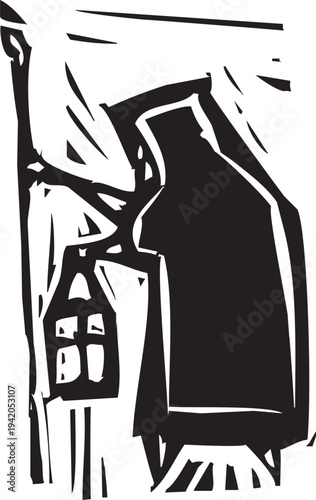 Woodcut style old woman with a lamp