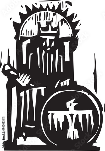 Woodcut style king sitting on a throne. Tarot style