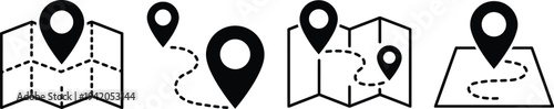 A series of four map icons with location pins and dotted paths on various folded and unfolded maps