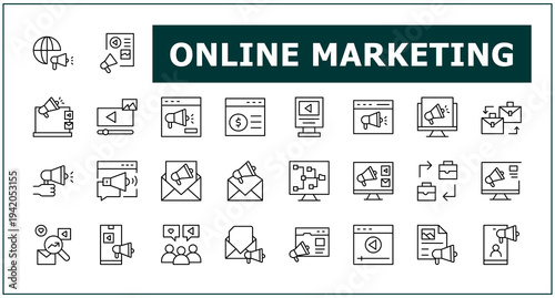 Online Marketing line icon set. Pack of marketing, advertising, digital, web, website, social and more. Digital Marketing icon. Perfect for logos and infographic. Art and illustration.