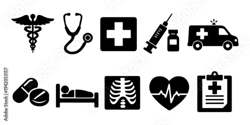 Set of medical icons and symbols featuring health signs and doctor illustrations for web design and pharmacy business applications