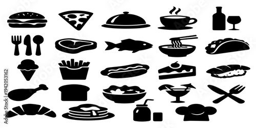 Vintage vector set of food and drink icons featuring coffee cups, teapots, and kitchen symbols for cafe and restaurant breakfast design illustration