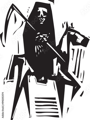 Woodcut style death riding a horse