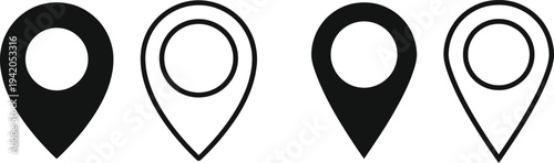 Four black and white map pin icons with varying fill and outline styles