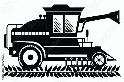 combine harvester silhouette line art vector illustration with a white background