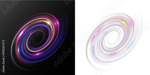 Colorful glowing spiral light vortex effect isolated on black background.