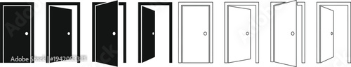 A collection of eight open and closed doors in black and white