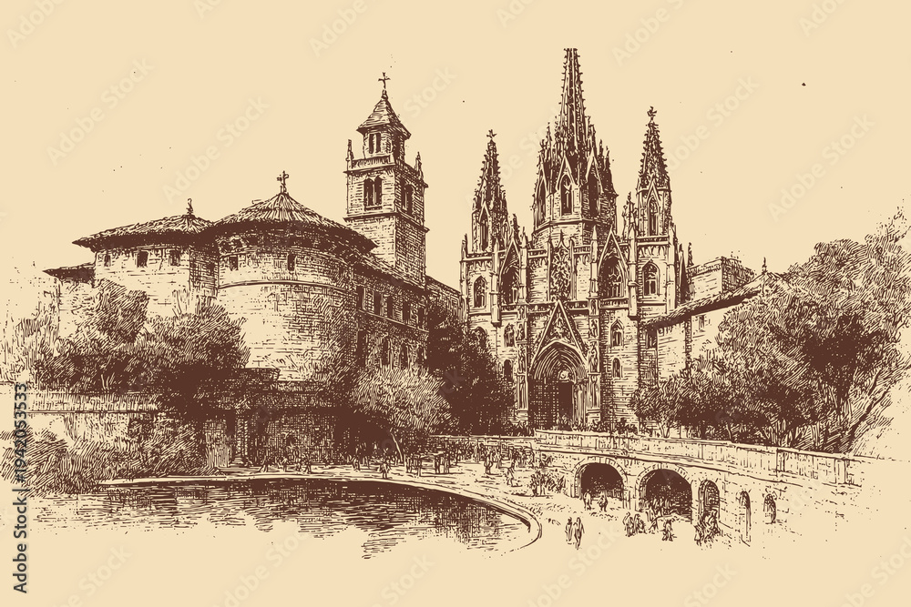 Fototapeta premium Sagrada Familia, Spain illustration in a vintage style. This vector illustration can be used in any size you like for advertising, logos, and other work.