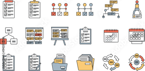 Project Management and Workflow Icon Set with Checklist Task Board Calendar Documents Planning Process Flat Line Color Vector Illustration.