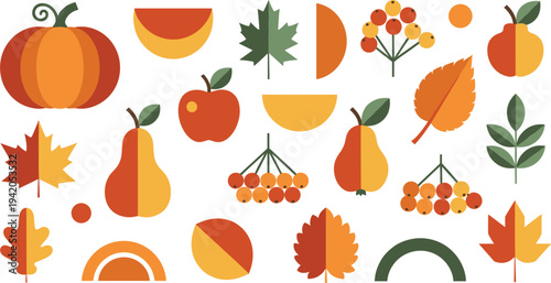 Autumn Harvest Collection with Pumpkin Apple Pear Leaves and Berries Flat Style Fall Season Organic Food Vector Illustration Set.