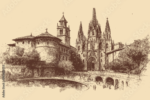 Sagrada Familia, Spain illustration in a vintage style. This vector illustration can be used in any size you like for advertising, logos, and other work.
