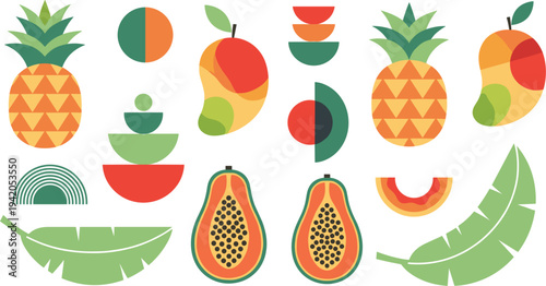 Tropical Fruit Collection with Pineapple Mango Papaya Banana Leaf and Abstract Geometric Shapes Colorful Flat Summer Food Vector Illustration Set.