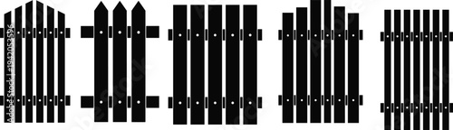 Black and white silhouette vector icon set of wooden garden fence sections with various picket designs for outdoor landscaping borders.
