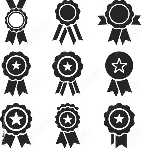 Comprehensive set of nine black silhouette award badges, rosette medals, and ribbons featuring stars and blank centers for victory and quality designs.