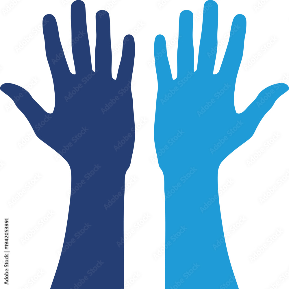 Fototapeta premium Two hands raised up in the air with palms facing forward in blue color