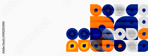 Abstract geometric shapes, circles, rectangles, orange, blue hues. Modern design, minimalist aesthetic, vibrant composition.
