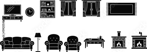 Modern living room furniture icon set, sofa armchair fireplace window bookshelf clock table interior design silhouette collection home decor elements