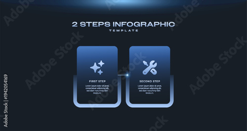 Dark Tech Infographic Template with Black Neon Blue Gradient, 2 Step Timeline Journey Process Diagram, Vector Infographic Elements with Thin Line Square Design and Icons for Business Presentation