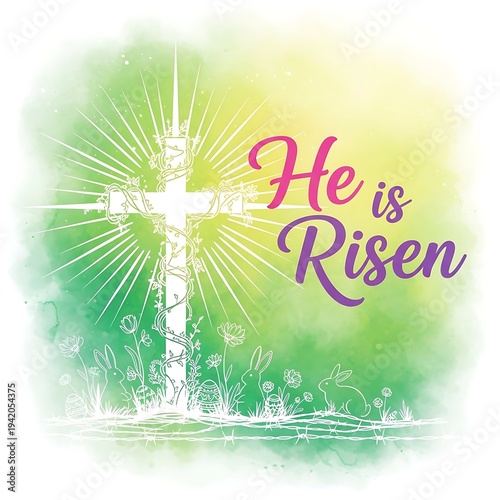 Easter Sunday celebration with watercolor cross and flowers He is Risen
