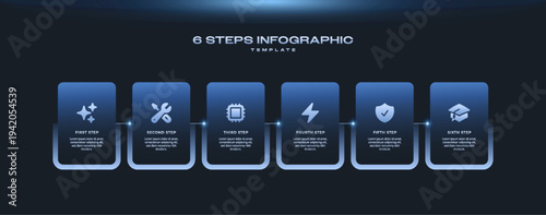 Dark Tech Infographic Template with Black Neon Blue Gradient, 6 Step Timeline Journey Process Diagram, Vector Infographic Elements with Thin Line Square Design and Icons for Business Presentation