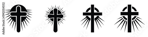 Easter Cross Vector Icon Set with Sunburst Rays and Halo – Christian Resurrection Symbols for Church Graphics, Religious Logos, and Spiritual Design Elements