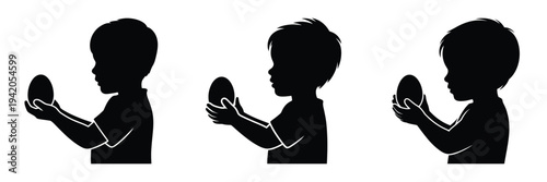 Little Boy Silhouette Holding Easter Egg Vector Illustration - Set of Three Child Profiles for Spring Holiday Design and Celebration Concepts