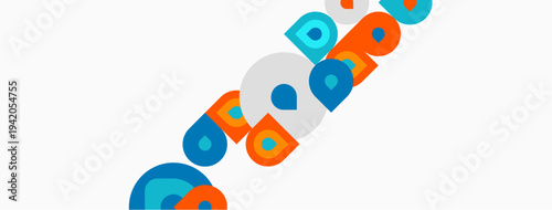 Abstract colorful shapes form diagonal pattern. Circles, squares, dots create playful design. Minimalist aesthetic, bright hues dominate composition.