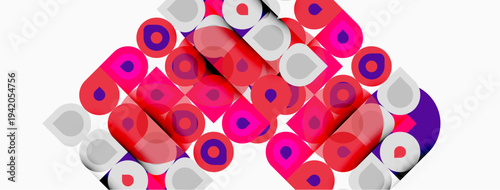 Abstract geometric shapes, circles, squares, vibrant colors. Pink, purple, white dominate composition. Modern design, playful pattern.