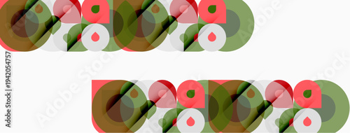 Abstract pattern repeats twice. Circles overlap, creating varied shades green, red, beige. Minimalist design, simple shapes, clean aesthetic.
