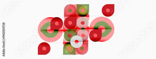 Abstract composition featuring overlapping circles. Red, green, white hues create dynamic visual texture. Minimalist design, geometric shapes present.