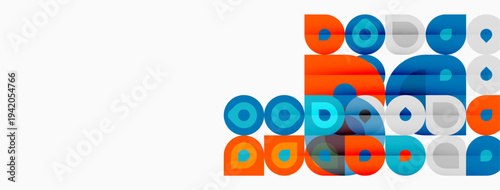 Abstract geometric shapes, circles, squares overlap. Bright orange, blue hues dominate composition. Modern design element.
