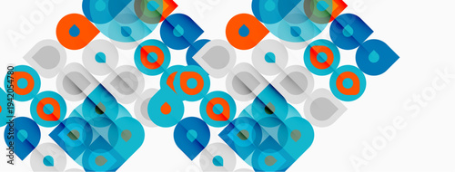 Abstract geometric pattern. Overlapping circles, squares create dynamic visual texture. Blue, orange hues dominate composition. Modern design element.