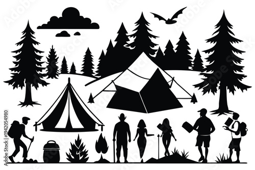 camping silhouette line art vector illustration with a white background