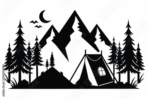 camping silhouette line art vector illustration with a white background