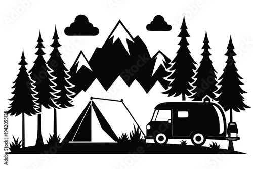 camping silhouette line art vector illustration with a white background