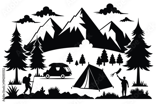 camping silhouette line art vector illustration with a white background