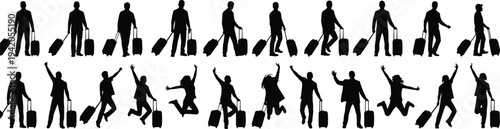 Silhouette collection of travelers walking and jumping with rolling suitcases, travel journey concept, tourism adventure, airport departure, vacation excitement, freedom, exploration