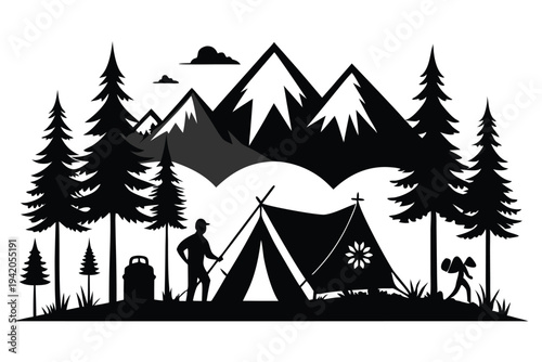camping silhouette line art vector illustration with a white background