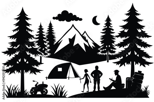 camping silhouette line art vector illustration with a white background