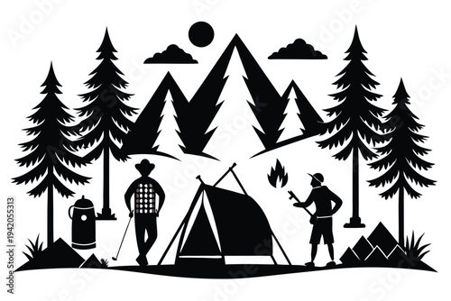 camping silhouette line art vector illustration with a white background