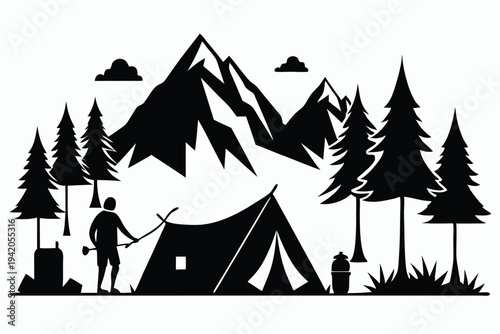 camping silhouette line art vector illustration with a white background