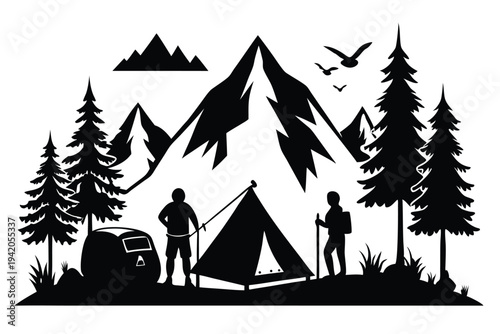 camping silhouette line art vector illustration with a white background