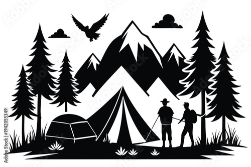 camping silhouette line art vector illustration with a white background