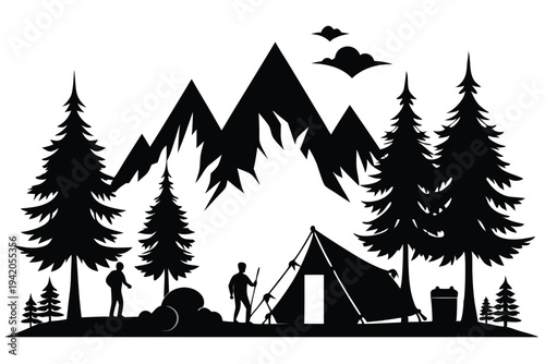 camping silhouette line art vector illustration with a white background