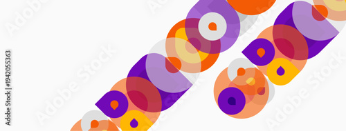 Abstract circles overlap, creating vibrant patterns. Orange, purple, yellow hues dominate white background. Modern design element.